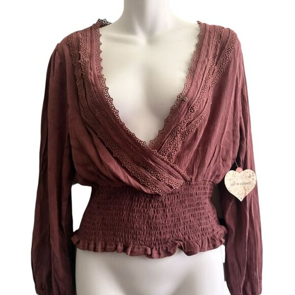 NWT Self Esteem Boho Blouse | Lace Trim Smocked Waist Top | Size M - Picture 6 of 12